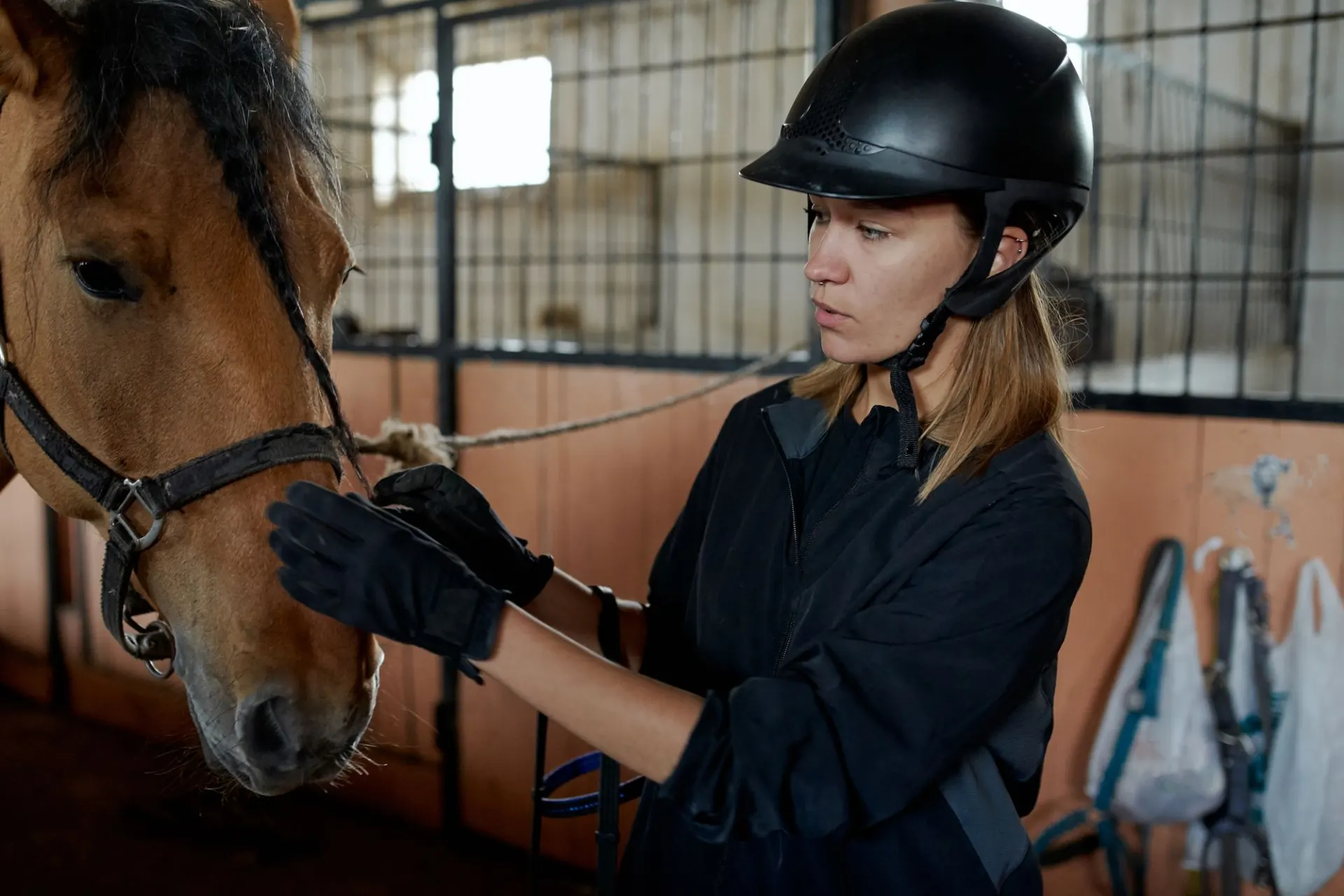 Tratadora cuidando de um cavalo na cocheira